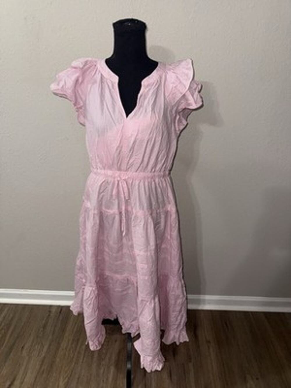 PINCH Pink Tiered Maxi Dress Womens Large Ruffle Sleeve V-Neck Drawstring Waist